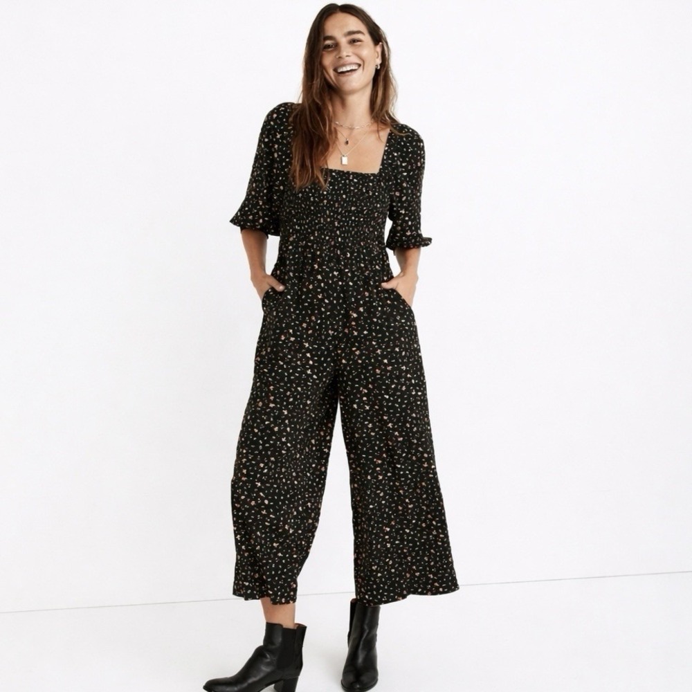 Madewell Lucie Smocked Wide Leg Jumpsuit Womens 6 Floral Black 3/4 Sleeve Boho